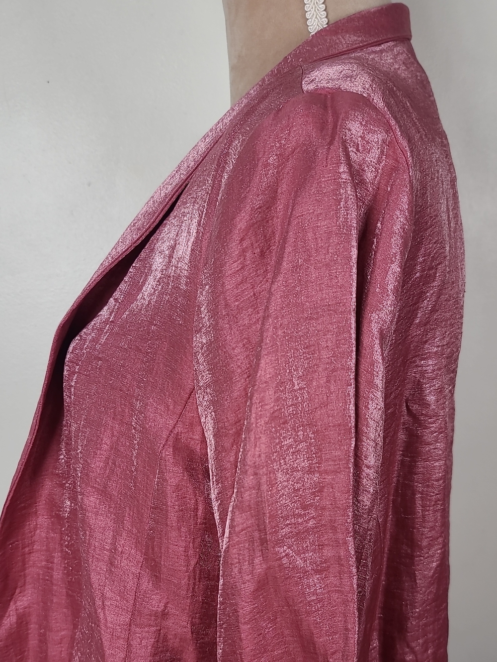Vtg Y2K Eileen Fisher Shimmer Rouge Pink Open-Front Shawl Collar Blazer Jacket L - Picture 9 of 15